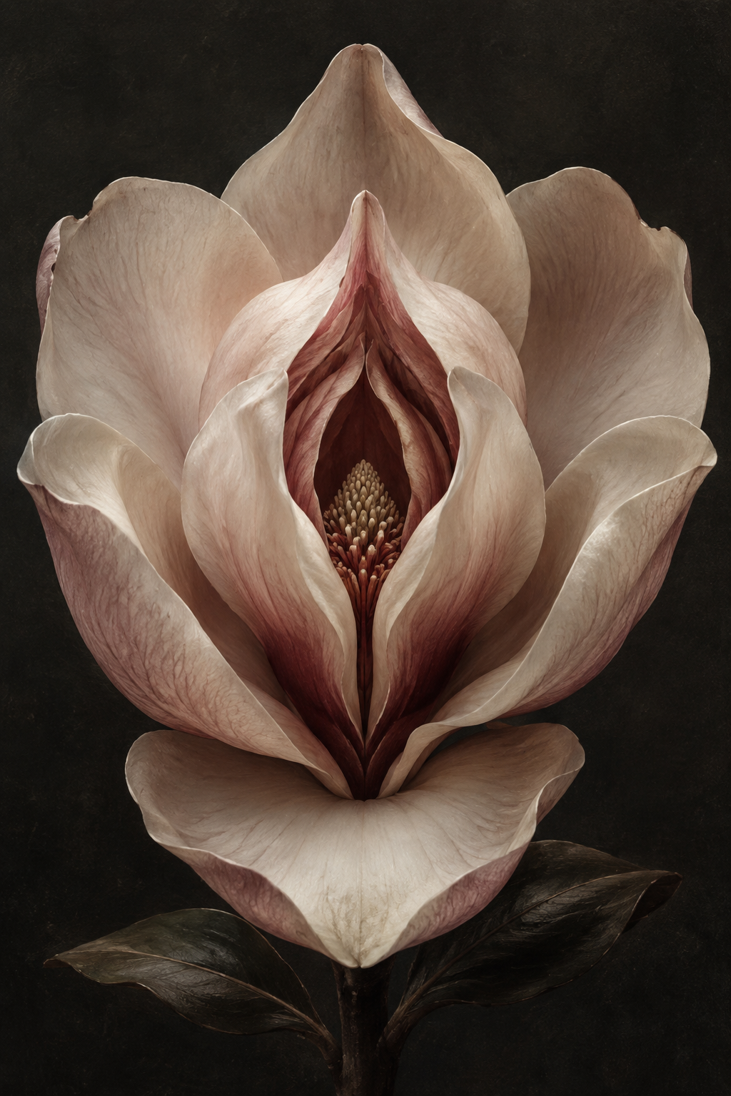 First Bloom by Ava Sylva, an ivory botanical form opening against deep shadow